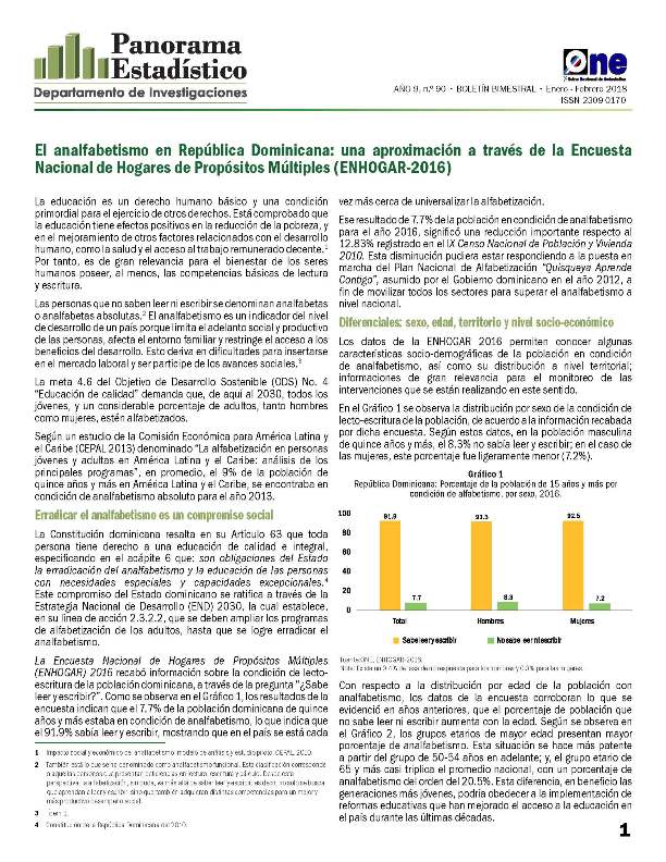 Boletín Panorama Estadístico 90 El Analfabetismo en República Dominicana: una aproximación a través de Enhogar 2016