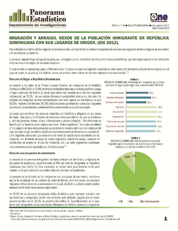 Boletín Panorama Estadístico 78 Migración y Arraigo Nexos de la Población Inmigrante República Dominicana con sus Lugares de Origen Eni 2012 Julio Agosto 2015