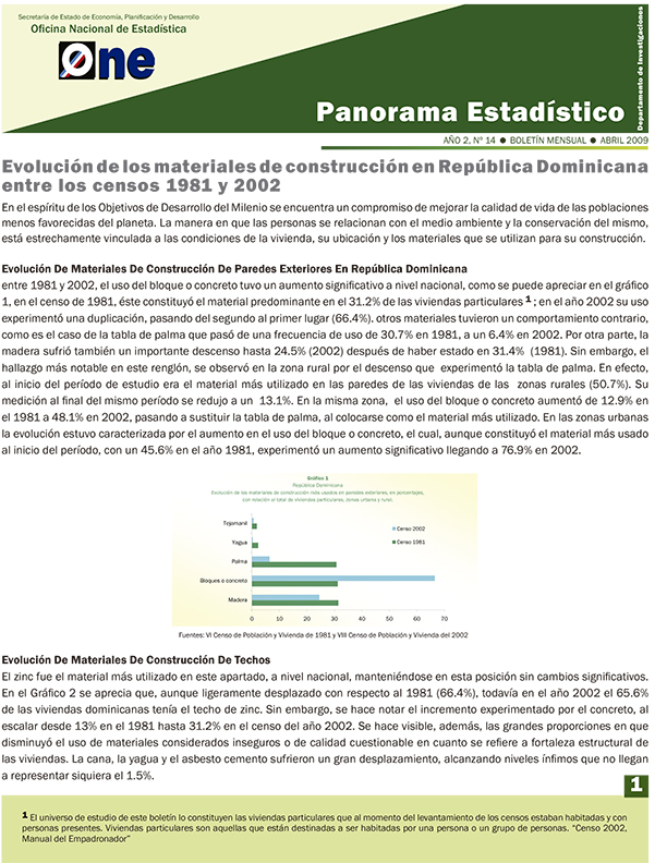 Boletín Panorama Estadístico 14 Evaluación de los Materiales de Construcción en República Dominicana Censos 1981-2002 Abril 2009