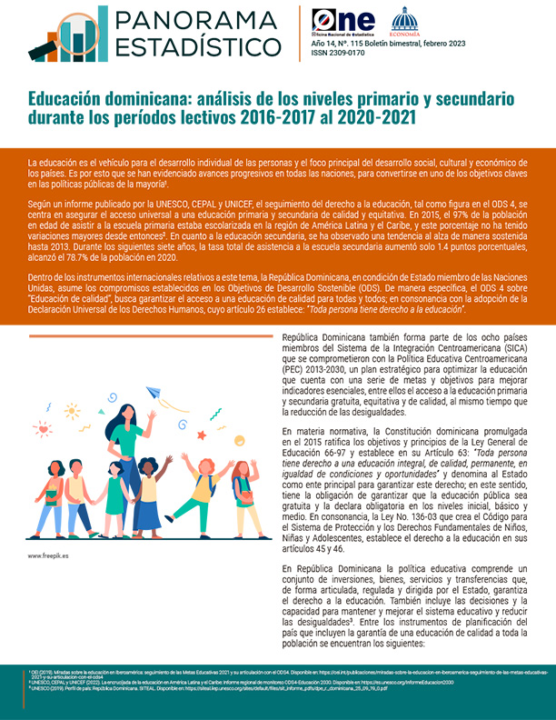 Panorama estadístico 115, Educación dominicana: análisis de los niveles primario y secundario  durante los períodos lectivos 2016-2017 al 2020-2021