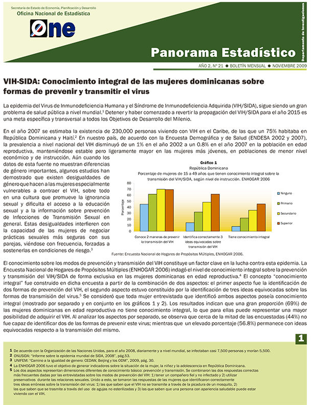 Boletín Panorama Estadístico 21 VIH-SIDA Conocimiento Integral de las Mujeres Dominicanas sobre Formas de Prevenir y Trasmitir el Virus Noviembre 2009