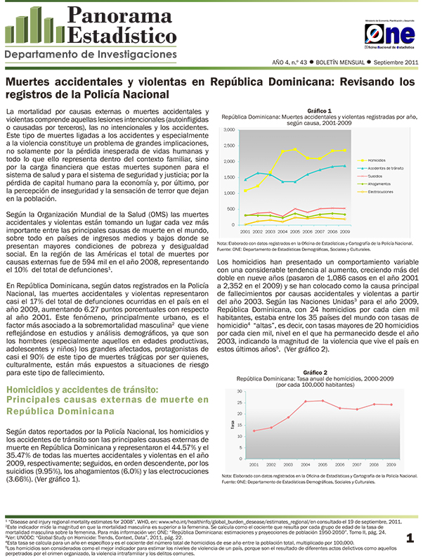 Boletín Panorama Estadístico 43 Muertes Accidentales y Violentas en República Dominicana Revisando los Registros de la Policia Nacional Septiembre 2011