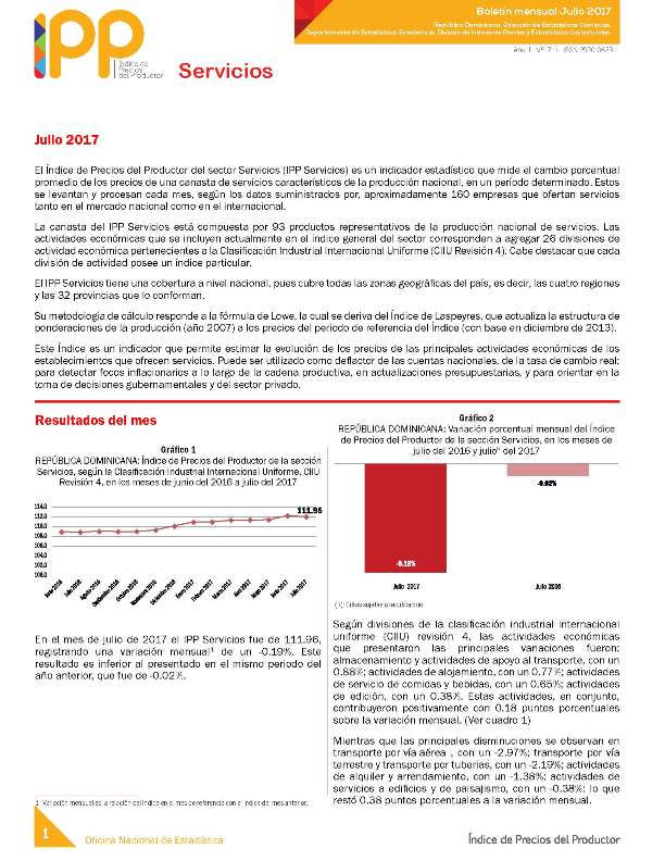 Boletín Índice de Precios del Productor Servicios Julio 2017
