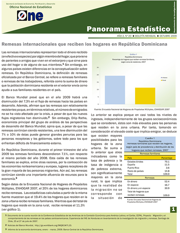 Boletín Panorama Estadístico 20 Remesas Internacionales que Reciben los Hogares en República Dominicana Octubre 2009