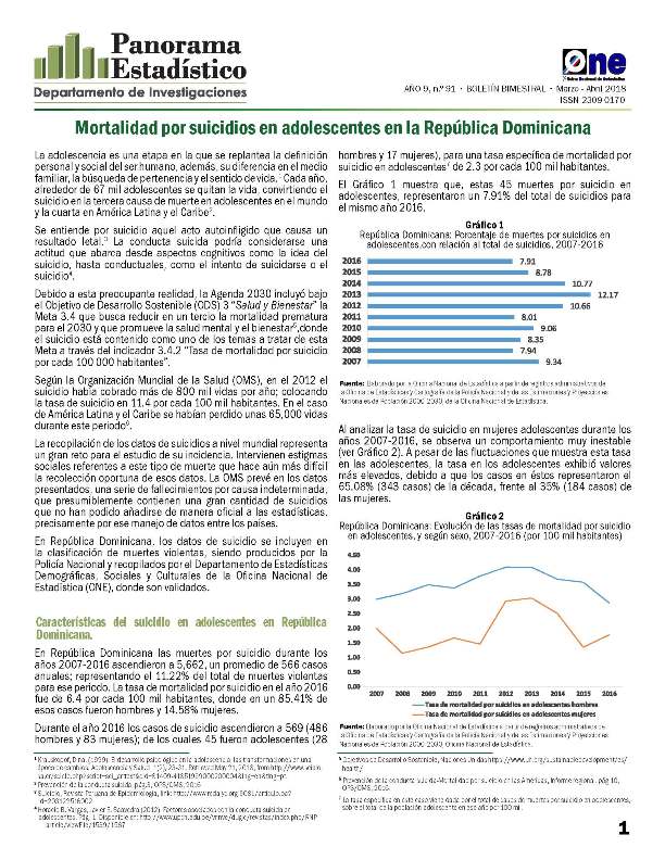 Boletín Panorama Estadístico 91 Mortalidad por Suicidios en Adolescentes en la República Dominicana
