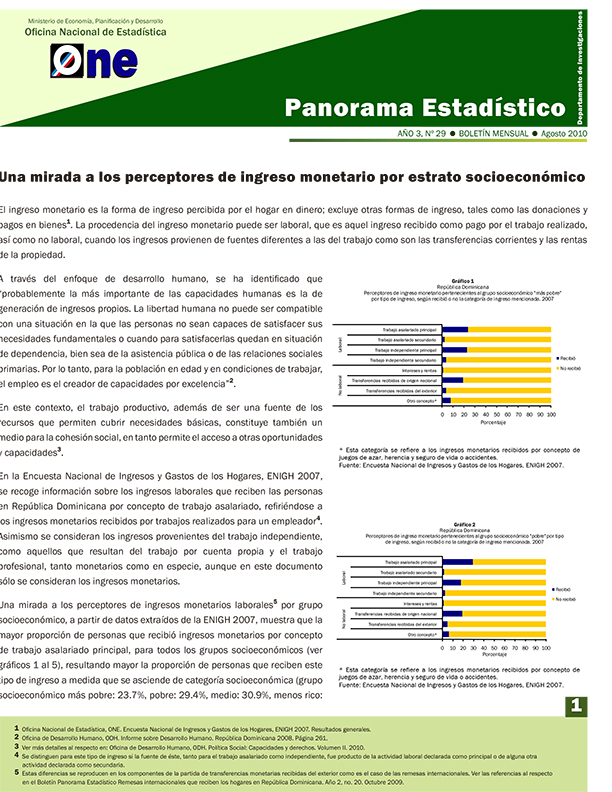 Boletín Panorama Estadístico 29 Una Mirada a los Perceptores de Ingreso Monetario por Estrato Socieconómico