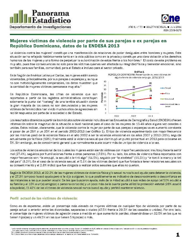 Boletín Panorama Estadístico 70 Mujeres Víctimas de Violencia por Parte de sus Parejas o Ex parejas en República Dominicana Datos Endesa 2013 Julio 2014