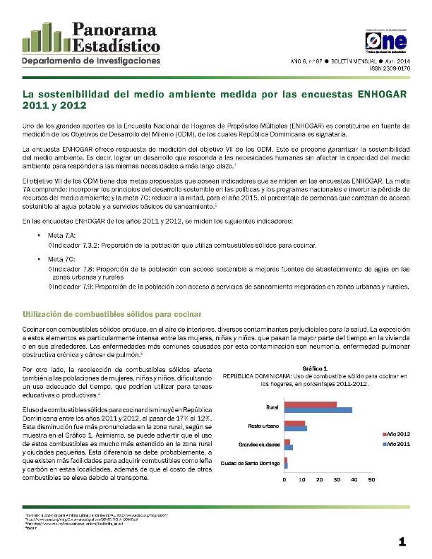 Boletín Panorama Estadístico 67 Sostenibilidad del Medio Ambiente Medida por En hogar 2011-2012