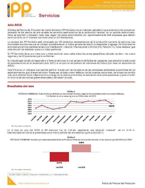Boletín Índice de Precios del Productor Servicio Julio 2019