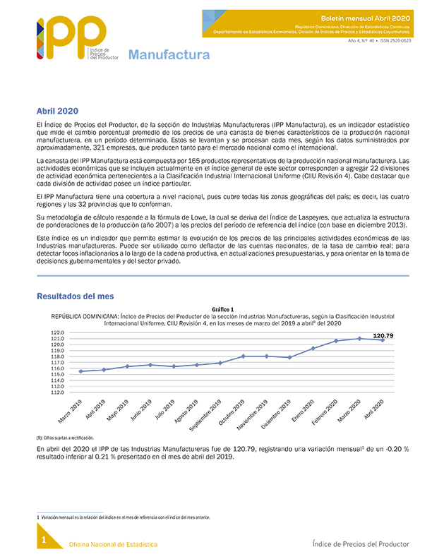 Boletín Índice de Precios del Productor, Manufactura Abril 2020