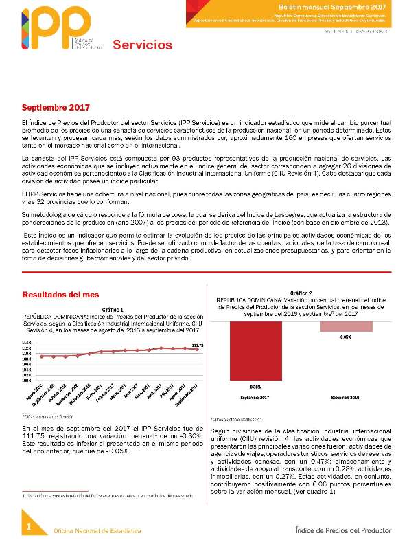 Boletín Índice de Precios del Productor Servicios Septiembre 2017