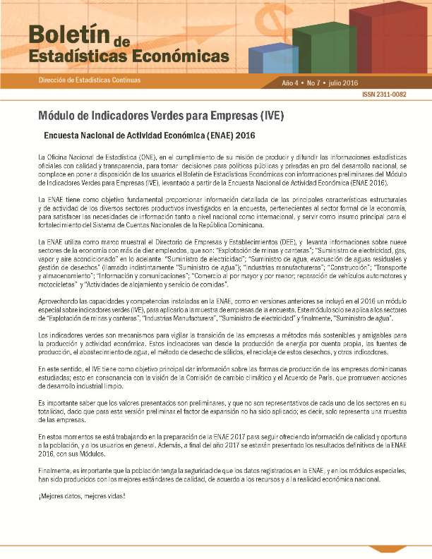 Boletín de Estadísticas Económicas Módulo de Indicadores Verdes para Empresas Enae 2016 Julio 2017