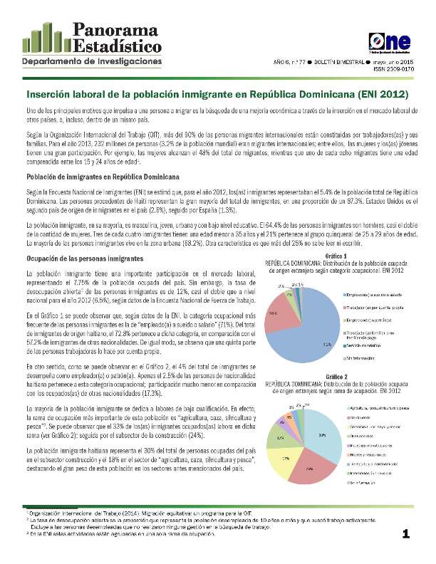 Boletín Panorama Estadístico 77 Inserción Laboral Población Inmigrante en República Dominicana Eni 2012 Mayo Junio 2015