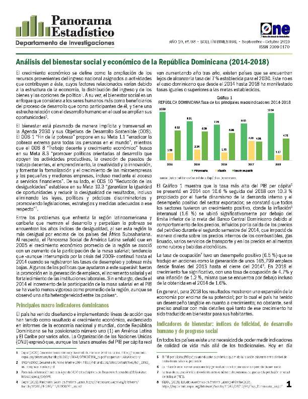 Boletín Panorama Estadístico 98 Análisis del Bienestar Social y Económico de la República Dominicana 2014-2018 Septiembre-Octubre 2019