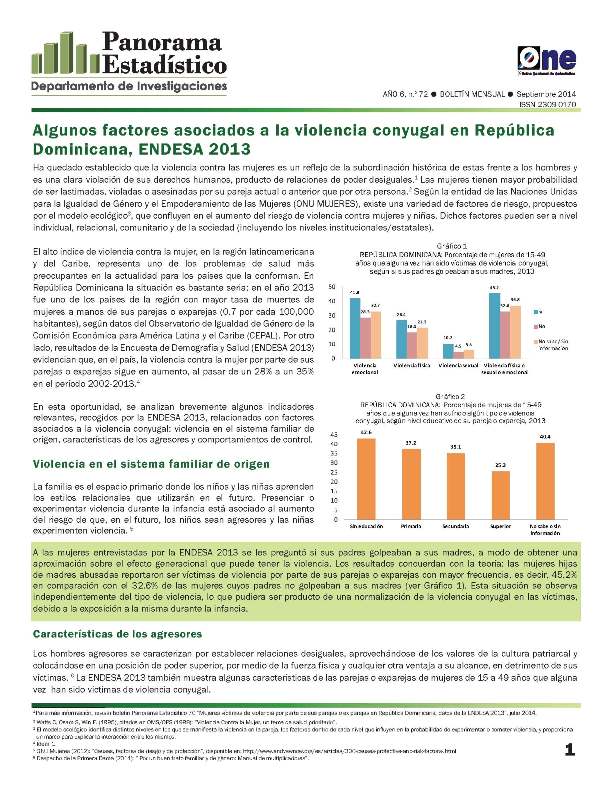 Boletín Panorama Estadístico 72 Algunos Factores Asociados Violencia Conyugal República Dominicana Endesa 2013 Septiembre 2014