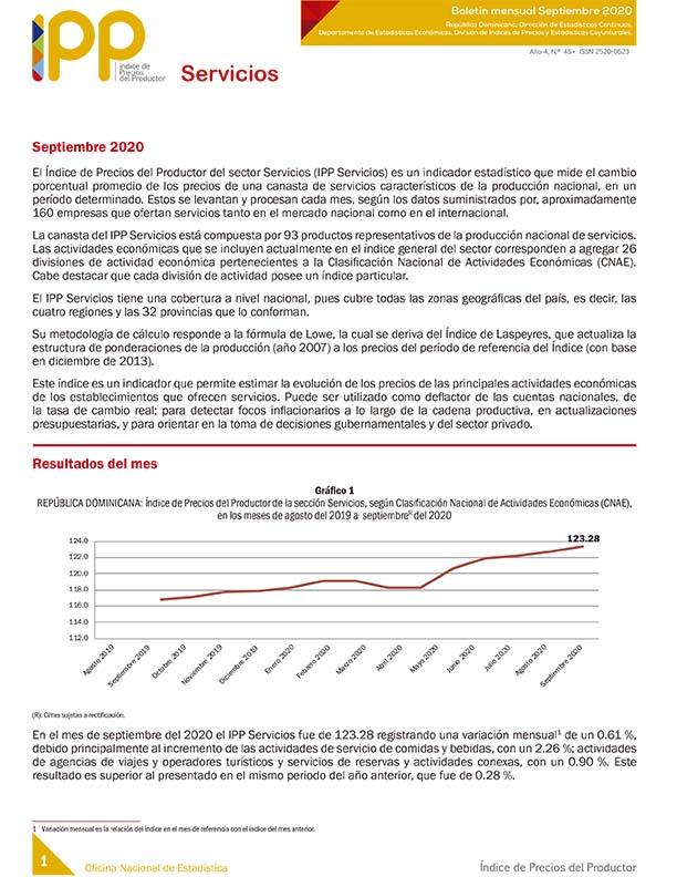 Índice de Precios del Productor, Servicios septiembre 2020