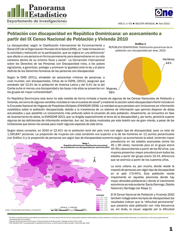 Boletín Panorama Estadístico 55 Población con Discapacidad en República Dominicana un Acercamiento a partir Censo 2010 Abril 2013