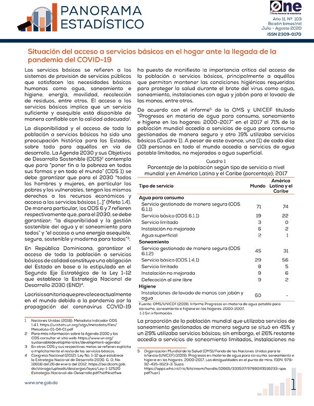 Panorama Estadístico 103 Situación del acceso a servicios básicos en el hogar ante la llegada de la pandemia del COVID-19