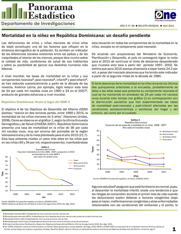 Boletín Panorama Estadístico 38 Mortalidad en la Niñez en República Dominicana Un Desafío Pendiente Abril 2011