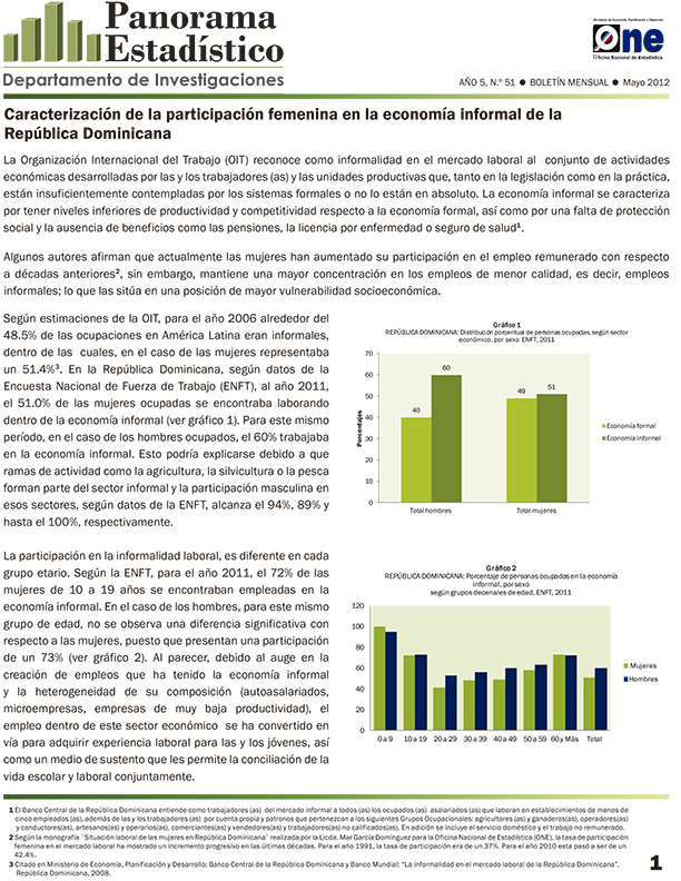 Boletines Panorama Estadistico 51 Caracterización de la Participación Femenina en la Economía Informal de la República Dominicana Mayo 2012