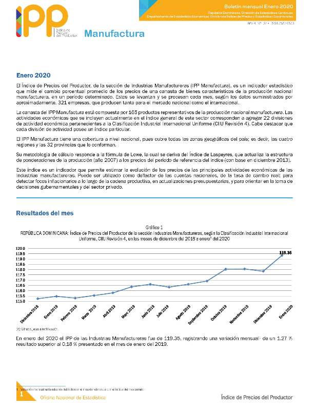 Boletín Índice de Precios del Productor, Manufactura Enero 2020